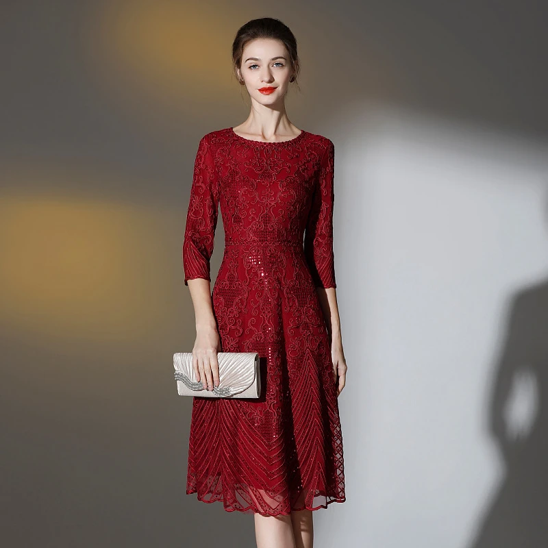 结婚礼服气质中年连衣裙修身大码喜妈妈装优雅宴会高贵酒红色裙子
