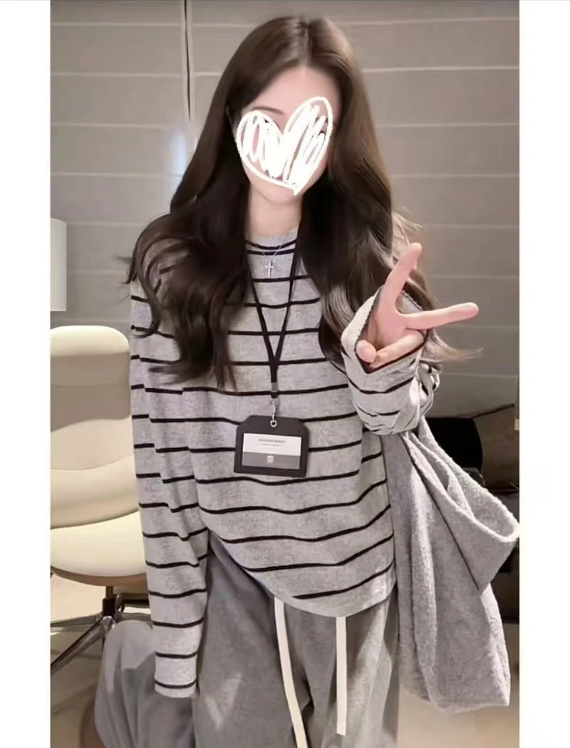 2025春季新款韩版条纹磨毛长袖T恤慵懒宽松显瘦百搭圆领打底衫