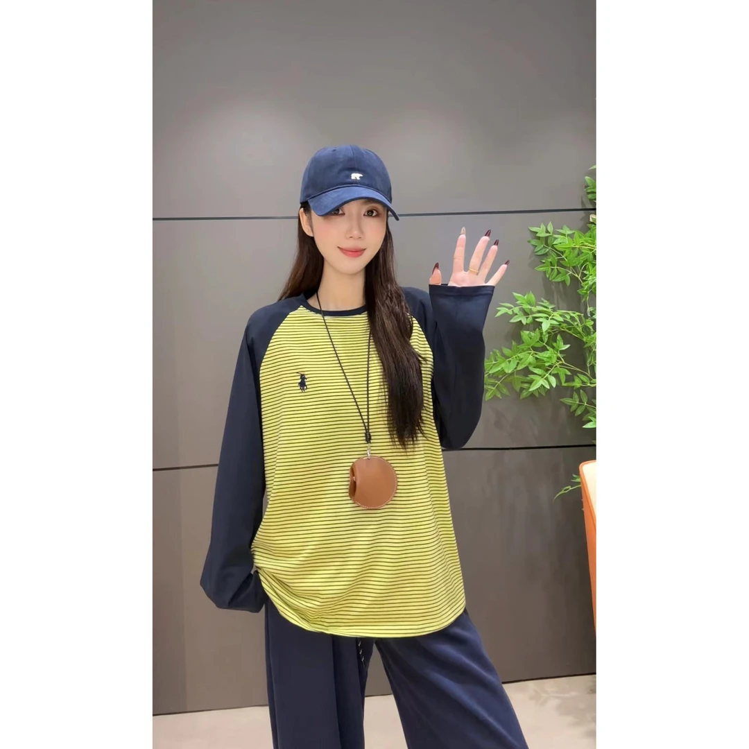 春秋拼接条纹撞色刺绣T恤女2025新款时尚宽松圆领设计感长袖上衣