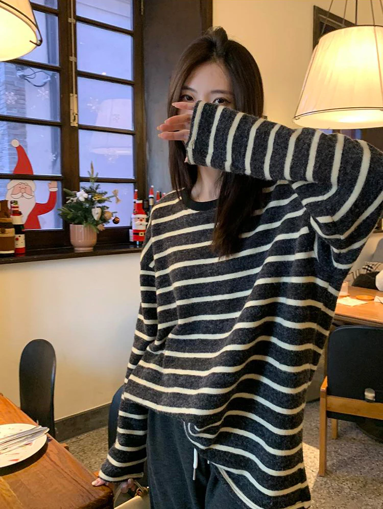 双面磨毛秋冬慵懒风休闲撞色条纹2025新款宽松长袖圆领百搭T恤