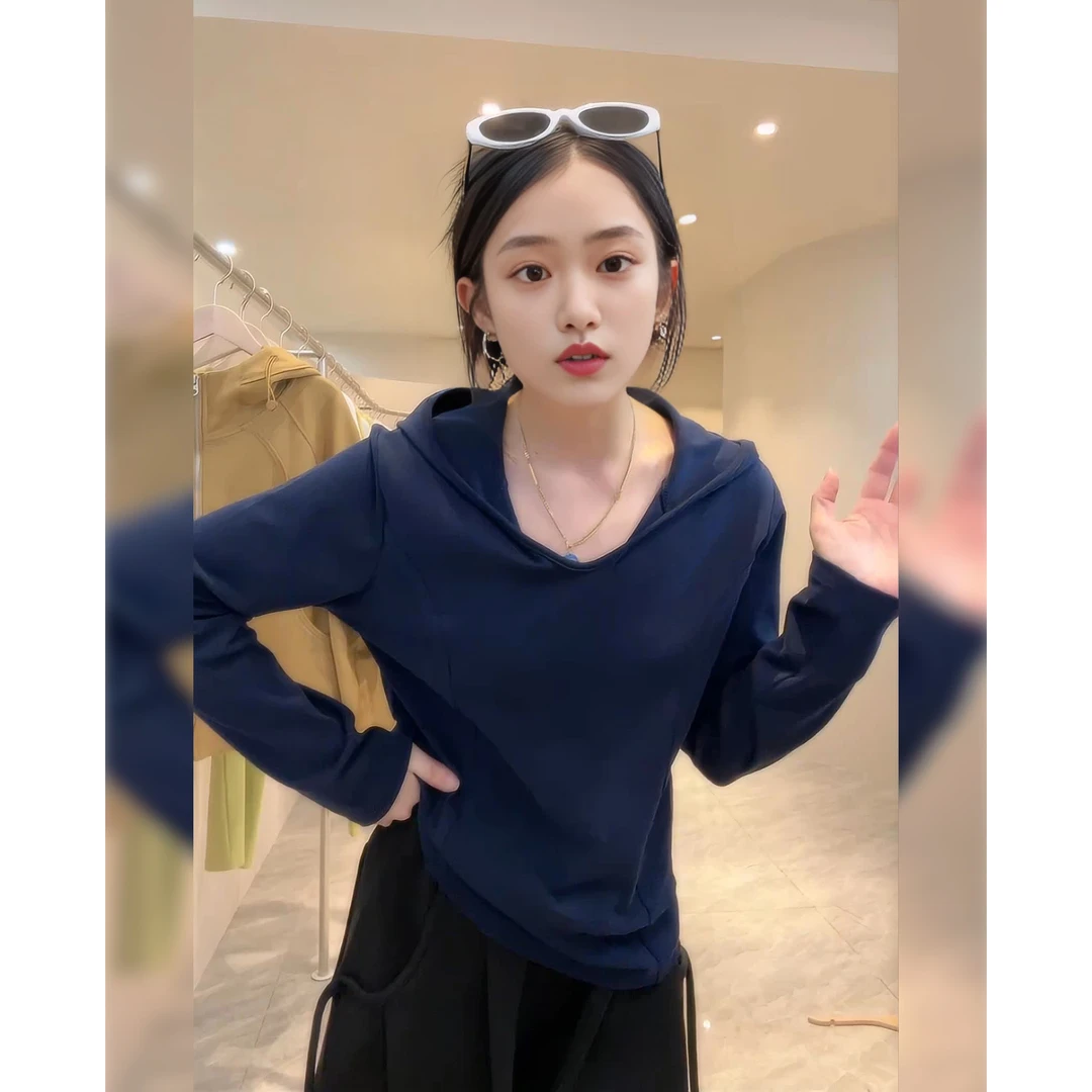 2025春季连帽纯色长袖T恤女新款设计感收腰显瘦宽松百搭打底衫潮