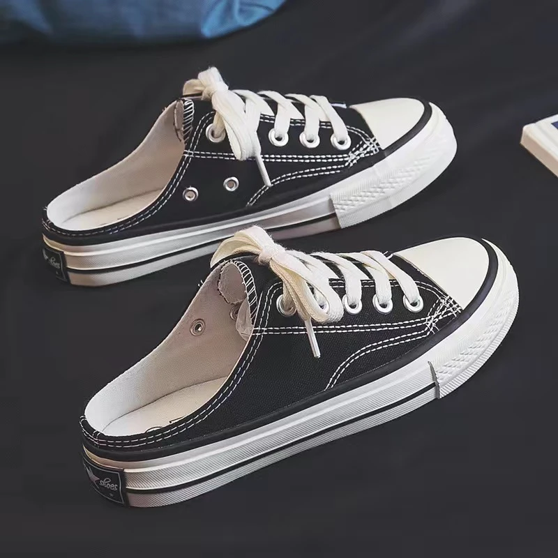 半拖帆布鞋女学生韩版2023春夏新款百搭一脚蹬小白鞋无后跟懒人鞋