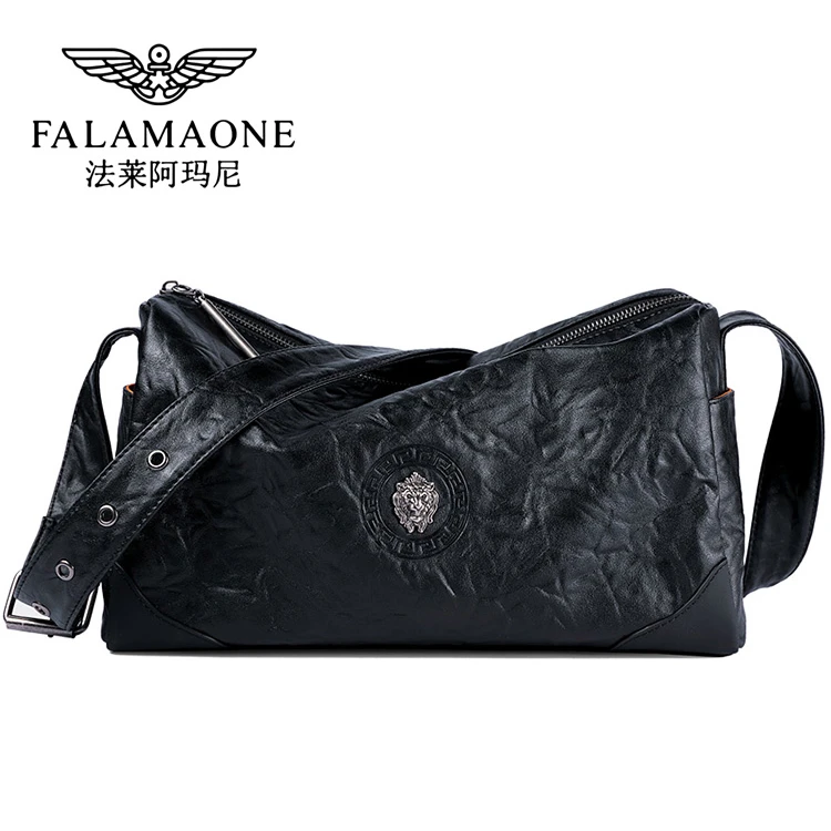 法莱阿玛尼正品男款质感褶皱单肩包斜挎包轻奢真皮休闲通勤背包潮