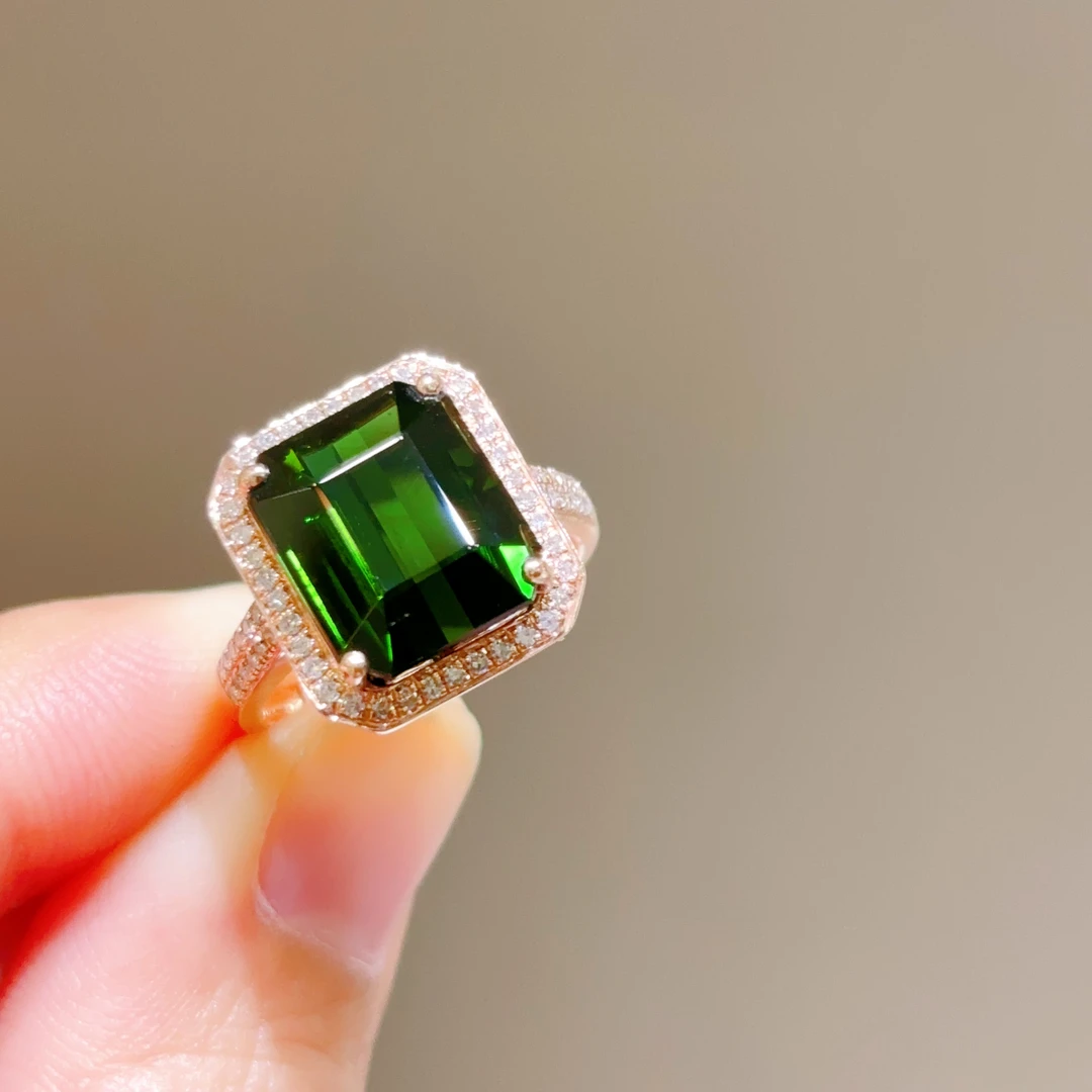 裸石6.89ct 18k玫瑰金镶嵌碧玺戒指精致绿色时尚