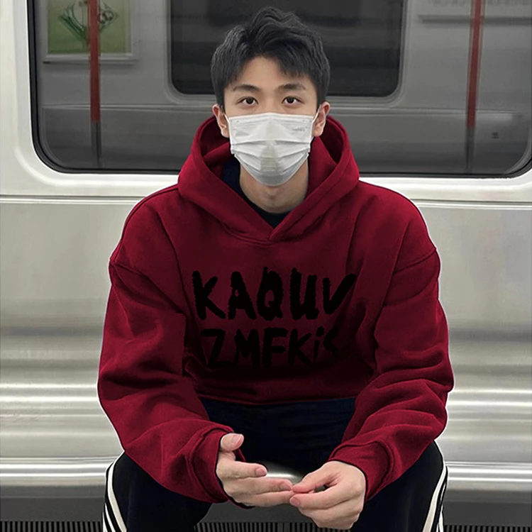 DIYUN/帝韵美式复古酒红色连帽卫衣男秋冬加绒加厚小众情侣外套潮