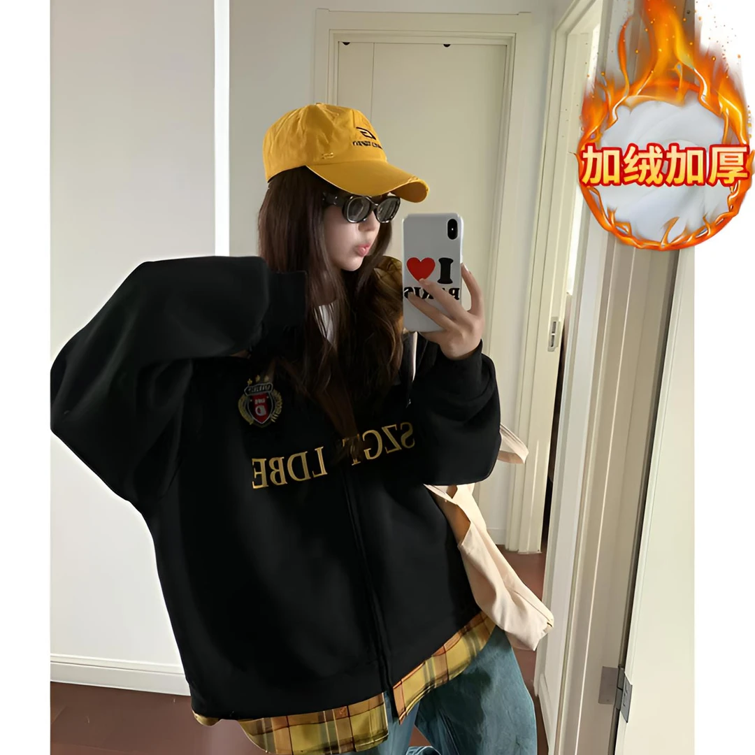 美式格子假两件拉链连帽卫衣外套女秋冬加绒宽松oversize开衫上衣