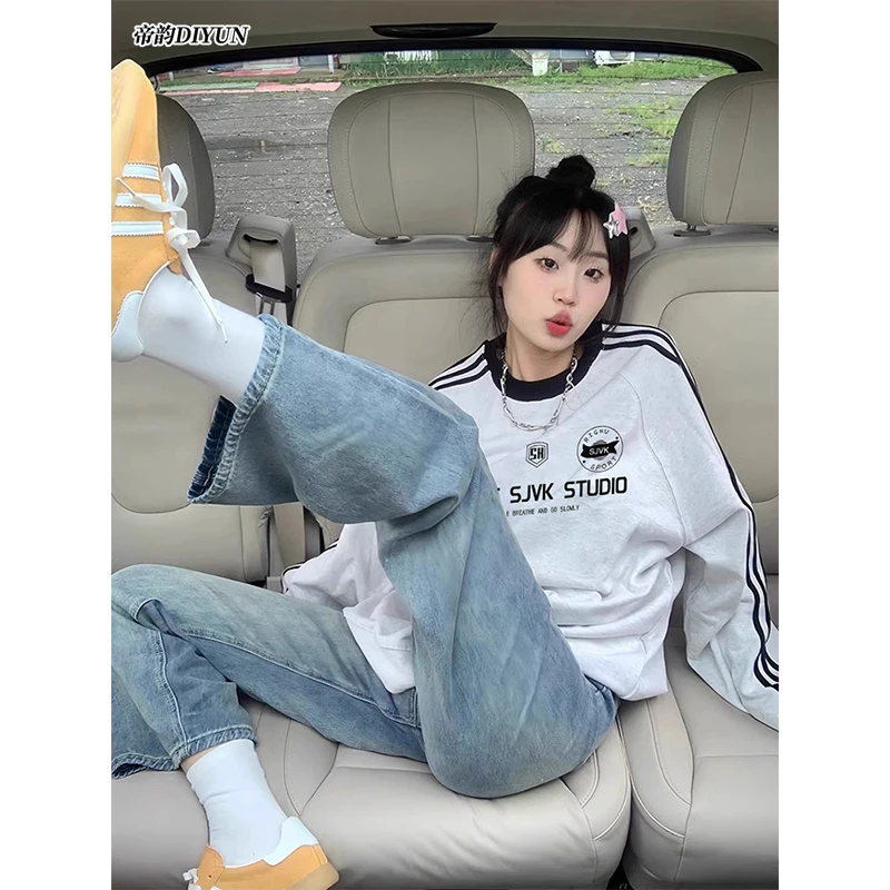 美式设计感三条杠圆领卫衣女春季新款高街hiphop潮牌三条杠上衣