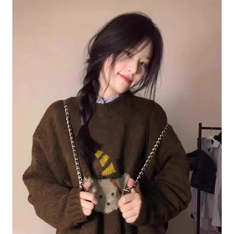 【帝韵】趣味小熊印花毛衣女秋冬季美式复古宽松奶系软糯针织衫上衣