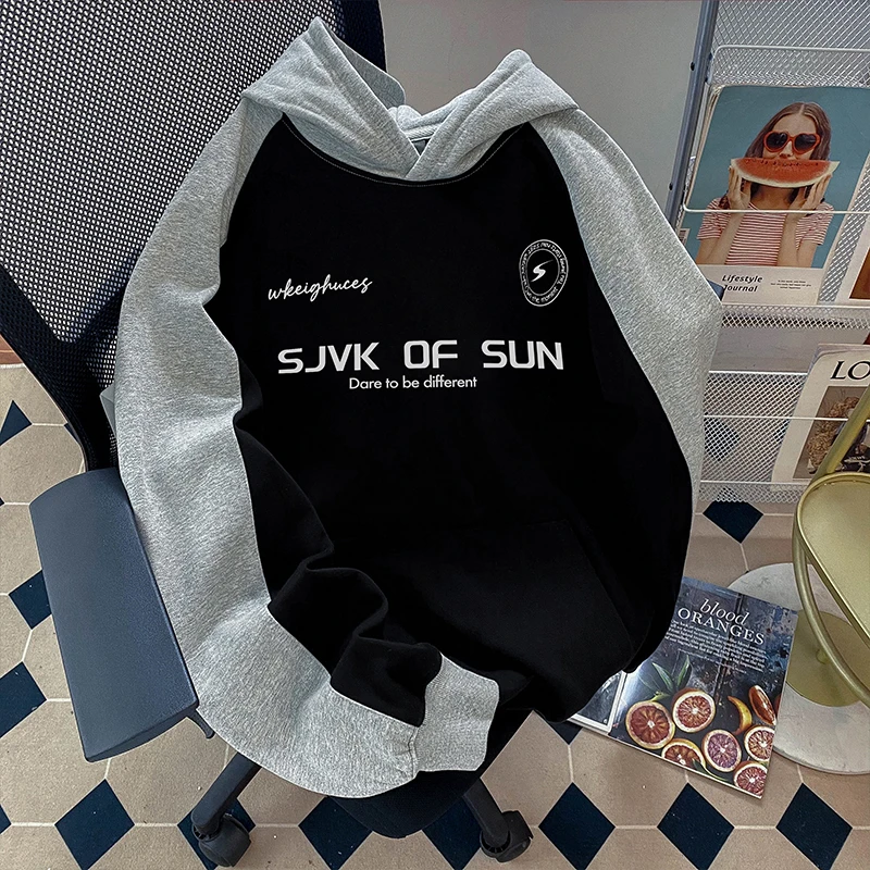 DIYUN/帝韵美式潮牌hiphop插肩连帽卫衣男宽松外套撞色情侣帽衫