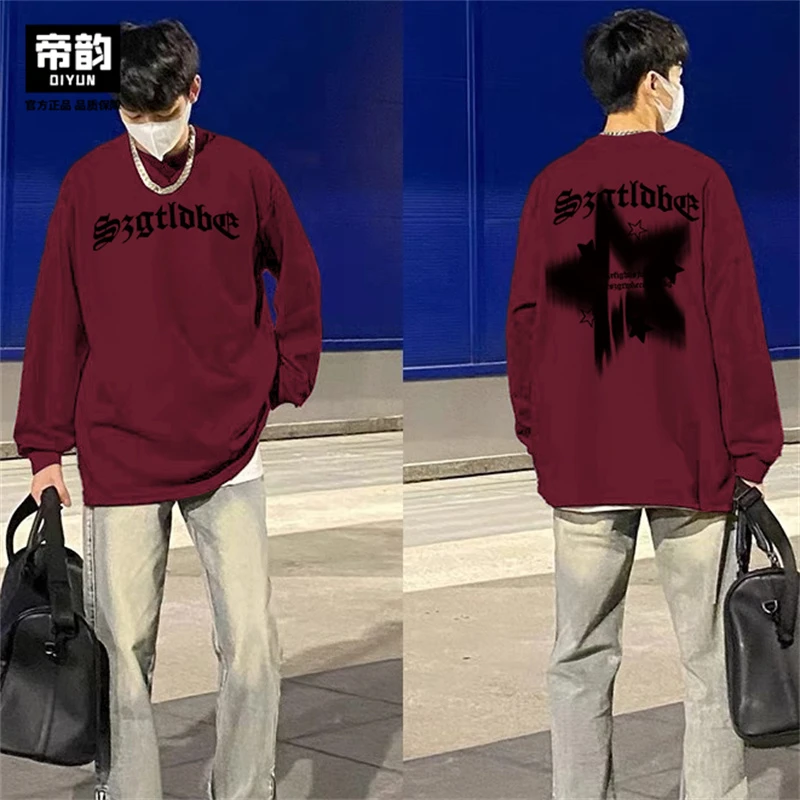 DIYUN/帝韵设计感印花圆领卫衣男春秋2024新款美式小众复古上衣潮