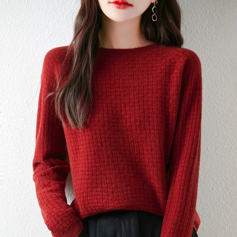 【百分百羊毛】一线成衣华夫格长袖针织衫纯色减龄羊毛衫秋冬毛衣