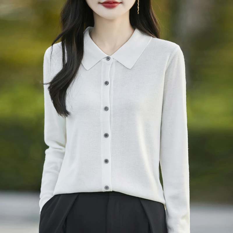 【轻奢减龄】2024秋冬新款纯色精纺POLO领针织衫显瘦翻领衬衫百搭