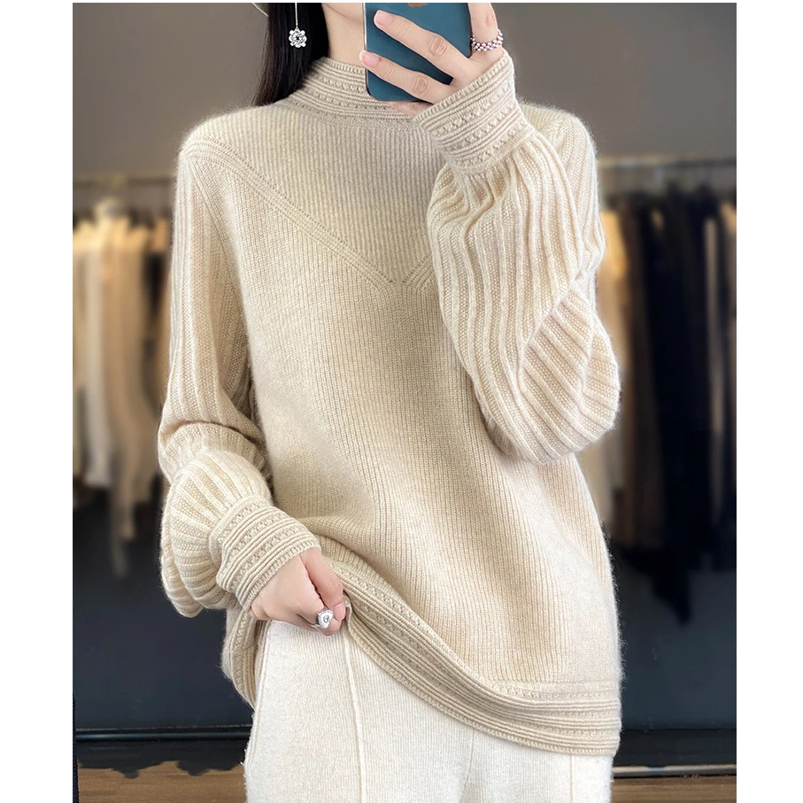 【100羊毛】设计师款半高领套头针织衫灯笼袖气质羊毛衫百搭毛衣