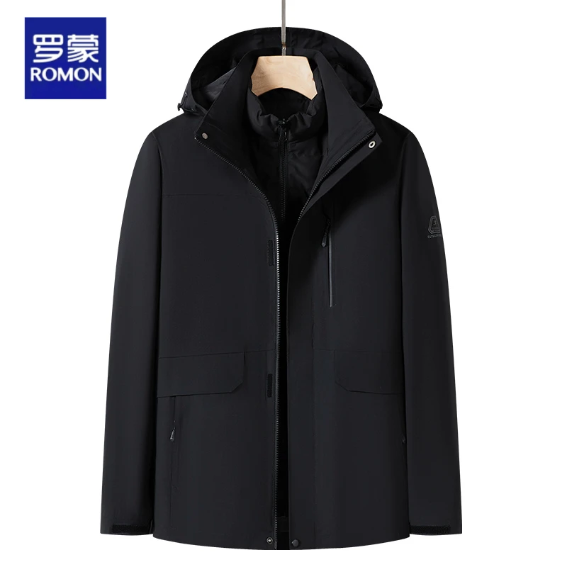 Romon/罗蒙羽绒服男三合一冲锋外套80绒灰鸭绒内胆商务防风两件套