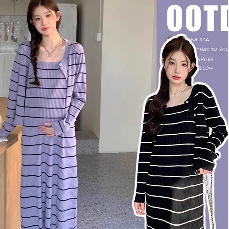 孕妇装秋装条纹开衫吊带裙2024秋季新款套装洋气大码慵懒风连衣裙