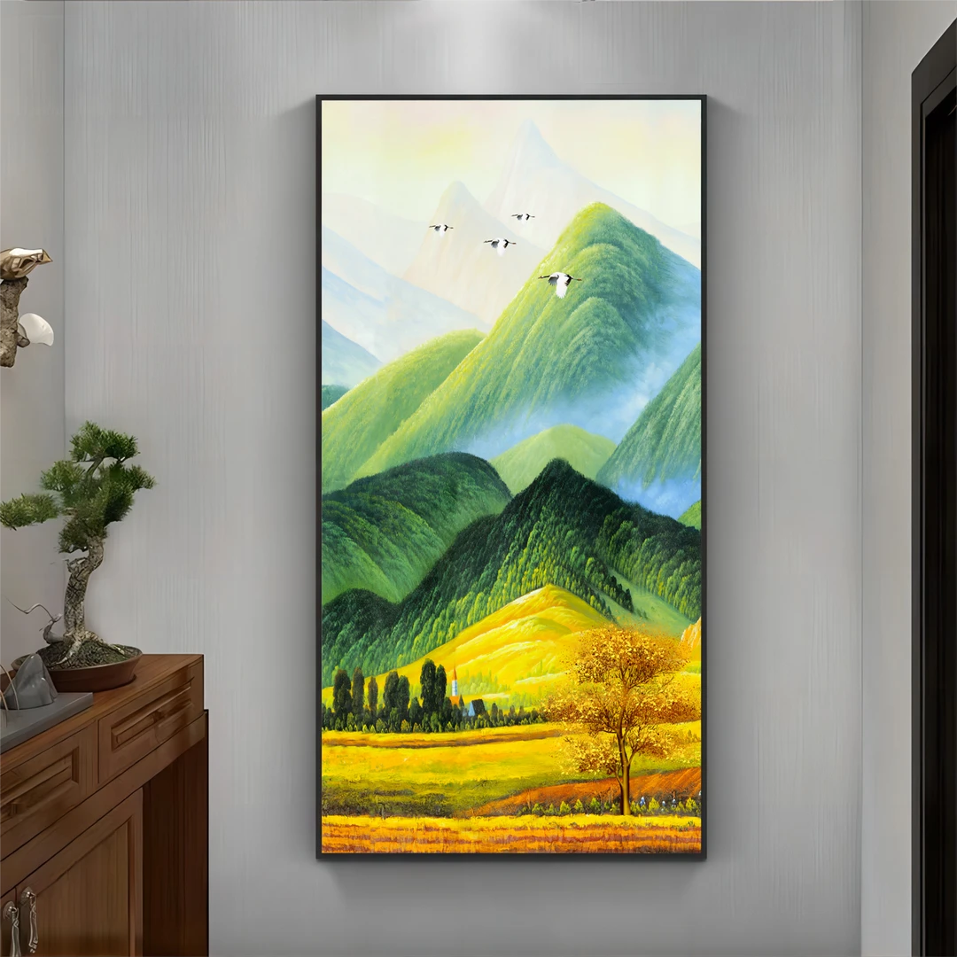 玄关装饰画青山野沃现代新中式走廊过道尽头墙挂画竖版晶瓷画壁画