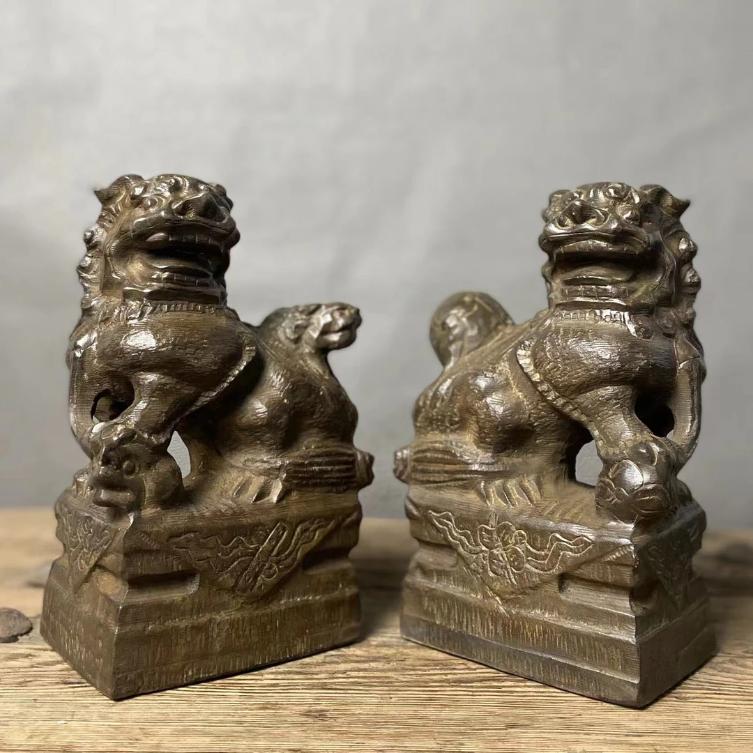仿古石雕天然青石整石雕刻雌雄招财对狮居家案头摆件复古陈设收藏