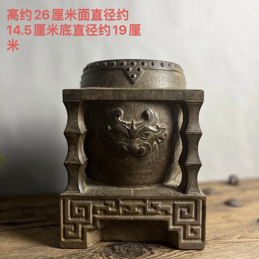 天然青石手工雕刻镂空兽面石墩柱墩底座摆件花几中式装饰复古造景