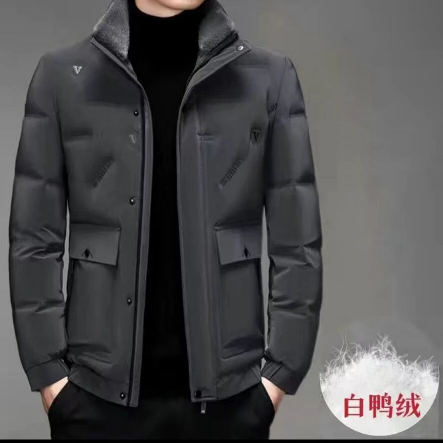 波司澄羽绒服男冬装白鸭绒可脱卸毛领保暖短款立领爸爸装防寒休闲