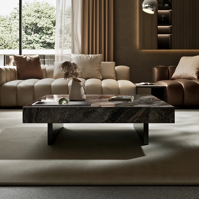 轻奢大理石方茶几威尼斯棕客厅别墅高端奢石正方形岩板茶桌
