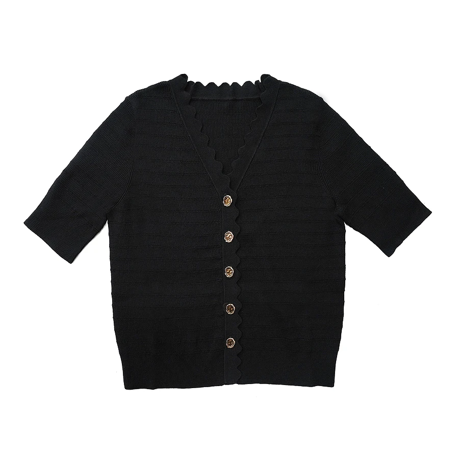 春夏新款谁穿都美的款 显瘦又显身段密实波浪边V领开衫 19166