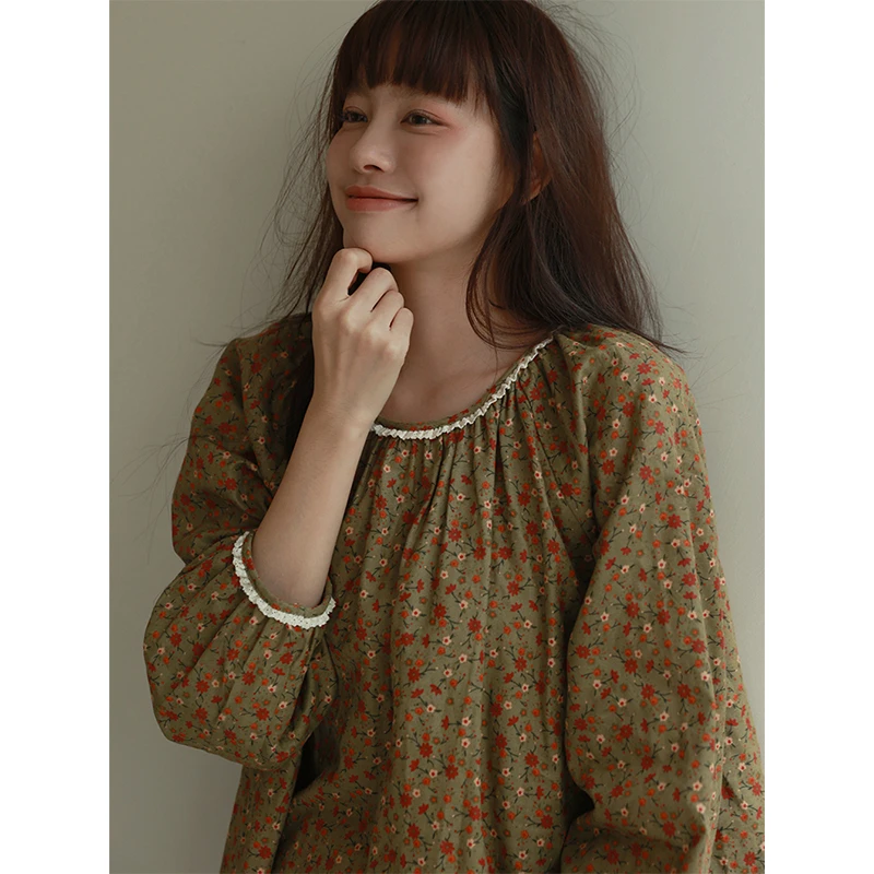 Molly自制丨深色系·暮云花纯棉纱布花边圆领复古风家居服睡衣套装