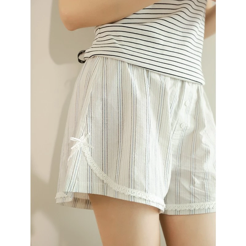 mollyrosa自制 蓝条纹遛弯裤清凉薄款棉质百搭慵懒休闲短裤睡裤女