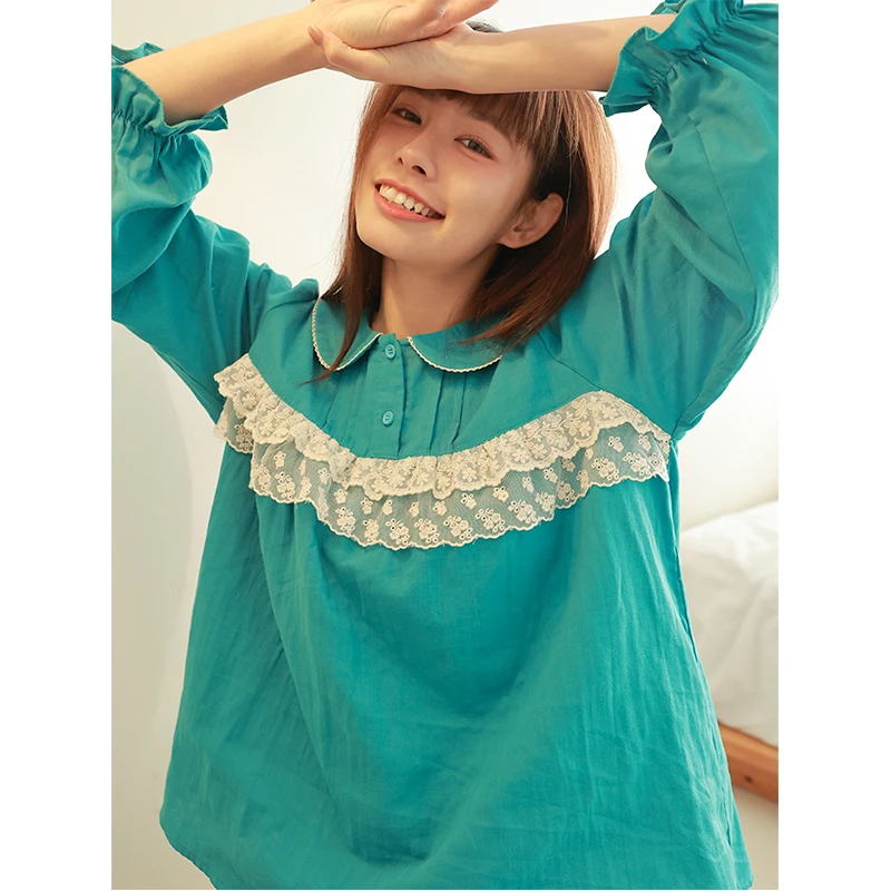 孔雀蓝·纯棉双层纱布少女早春蕾丝花边休闲长袖长裤家居服睡衣