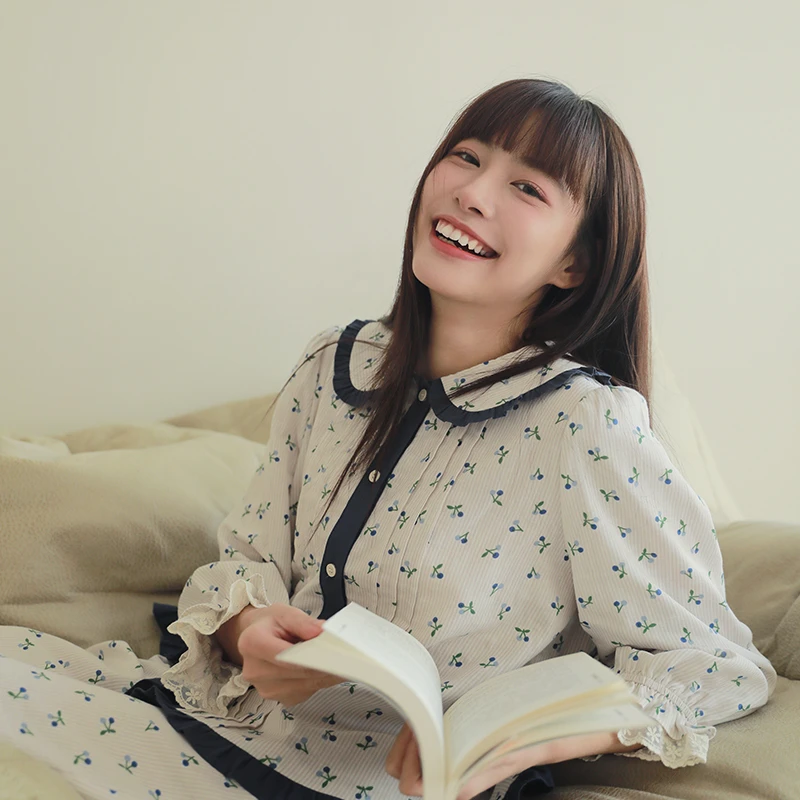 mollyrosa自制奶蓝樱桃条纹睡衣双层纱娃娃领少女春季新款家居服