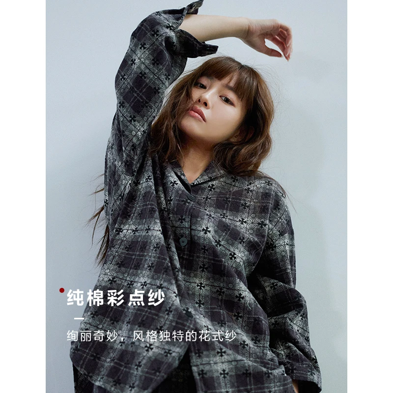 秋冬新款加厚纯棉彩点纱苏格兰黑白格简约睡衣长袖家居服套装