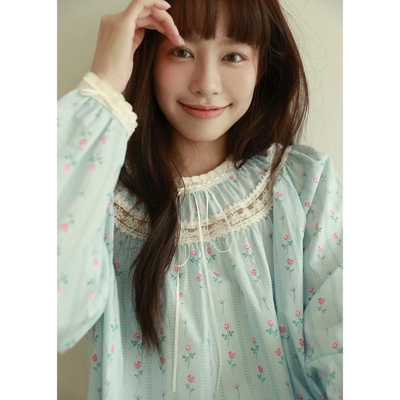 mollyrosa晴蓝 圆领套头睡衣小碎花纯棉柔软田园风长袖新款