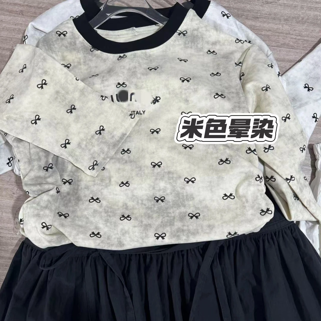 A054小蝴蝶结满印晕染打底短款卫衣女宝