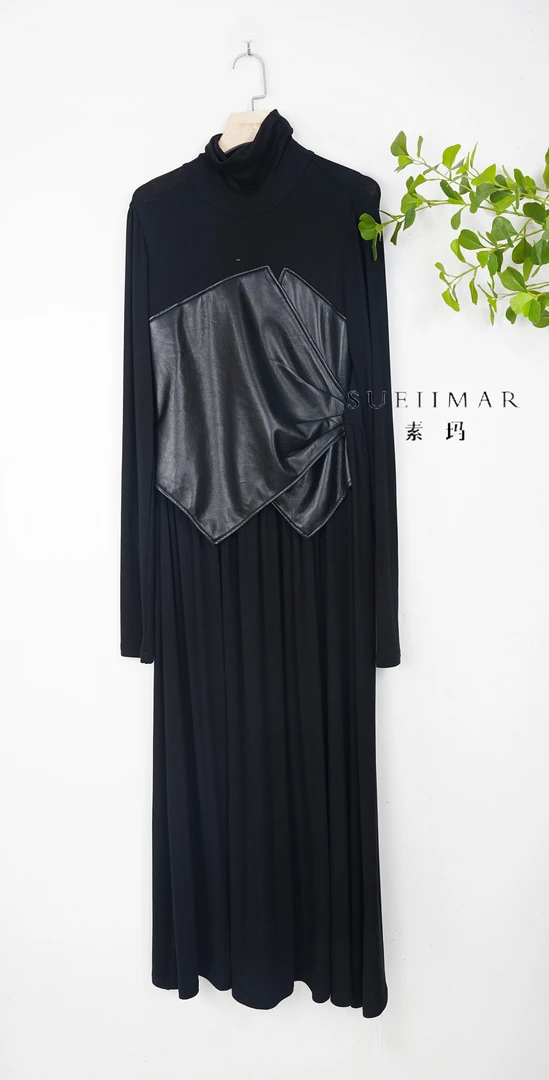 素玛绵羊毛拼皮修身显瘦连衣裙