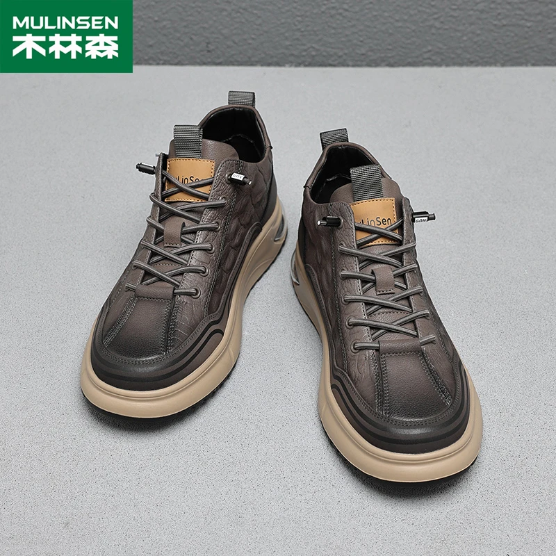 木林森秋冬新款男士休闲鞋百搭舒适轻底时尚鳄鱼纹拼接软底男板鞋