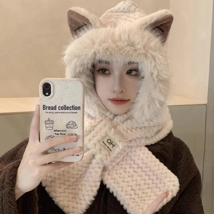 狐狸耳朵帽子围巾一体帽女冬季可爱毛绒毛茸茸围脖加厚百搭两件套