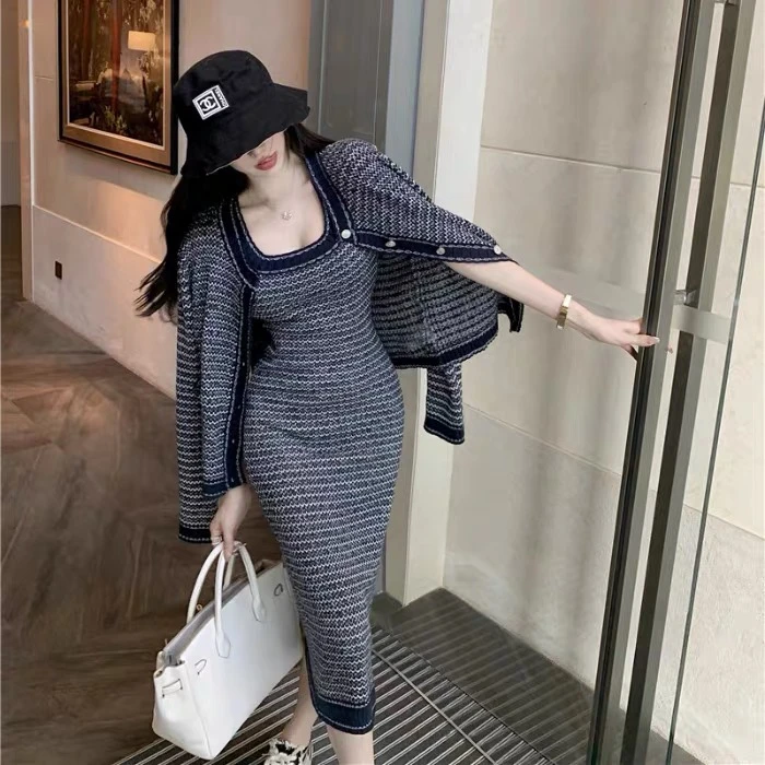 2747秋季小香风针织吊带裙套装女秋冬装搭配高级感小洋装两件套女