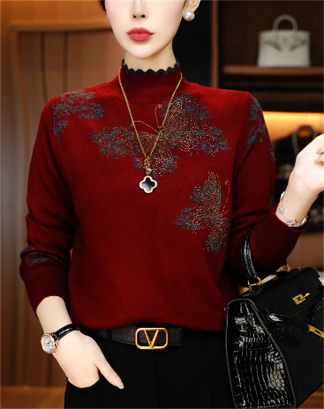 秋冬保暖毛衣妈妈装抗起球高端显瘦百搭减龄气质时尚套头V24Q1014