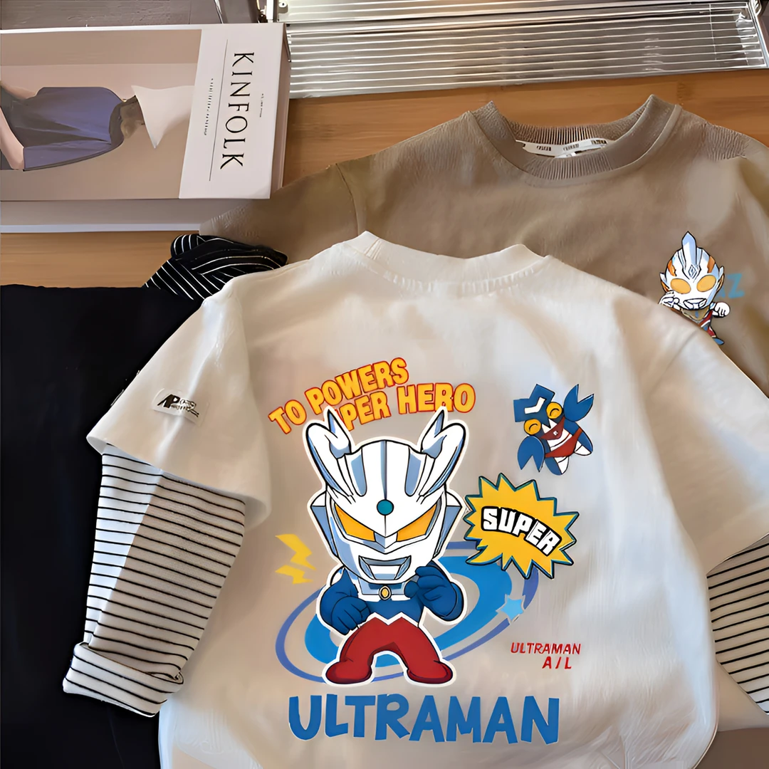 春秋纯棉新款奥特曼男童宝宝假两件长袖t恤中大童帅气上衣打底衫