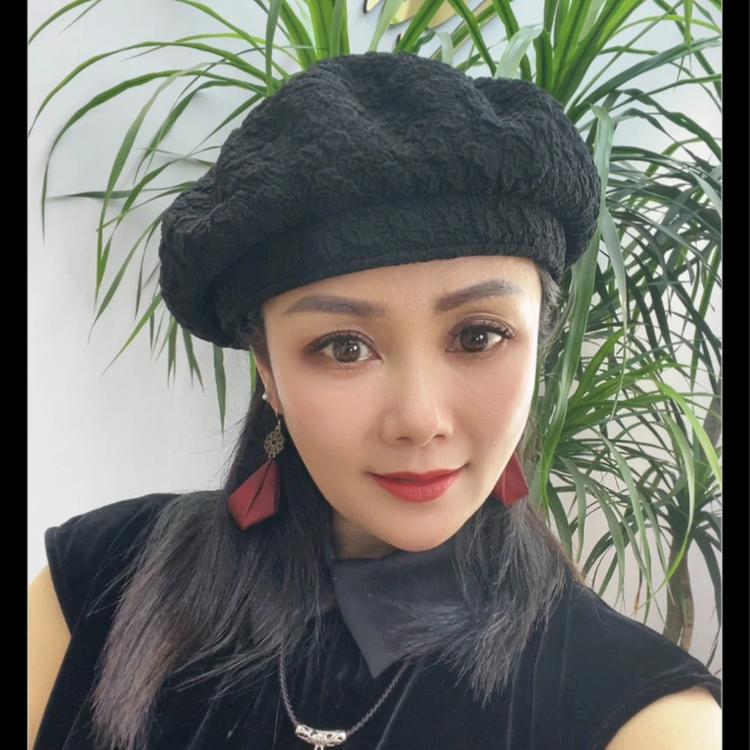 泡泡纱贝雷帽女韩版百搭显脸小蓓蕾画家帽日系纯色网红黑色帽子