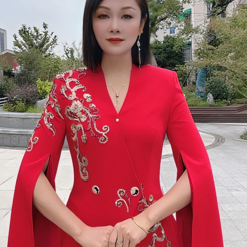 高端定制礼服 日常 宴会生日 婚礼重工钉珠红色时尚气质显瘦修身