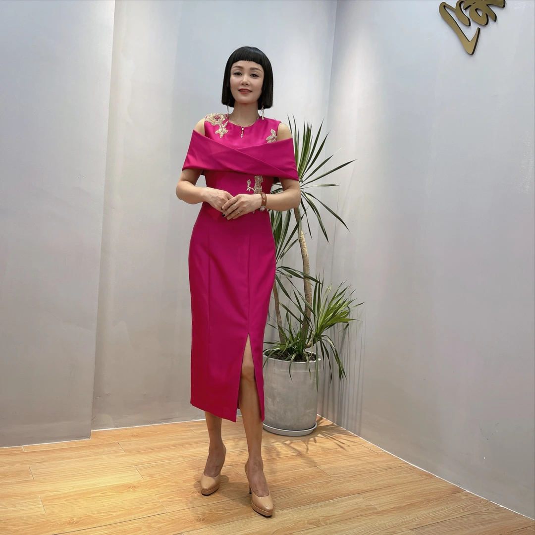 美婆婆原创设计礼服婚礼优雅修身气质约会走秀一字肩一字领