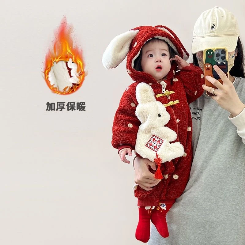 婴儿衣服冬装女宝宝连体衣满月百天一周岁礼服过年喜庆新年拜年服