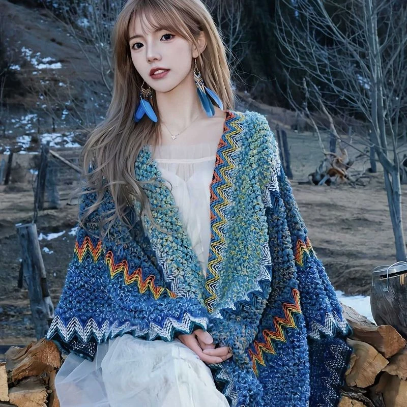 疆全优【新疆包邮】旅游外搭针织披肩民族复古斗篷披风流苏围巾度假