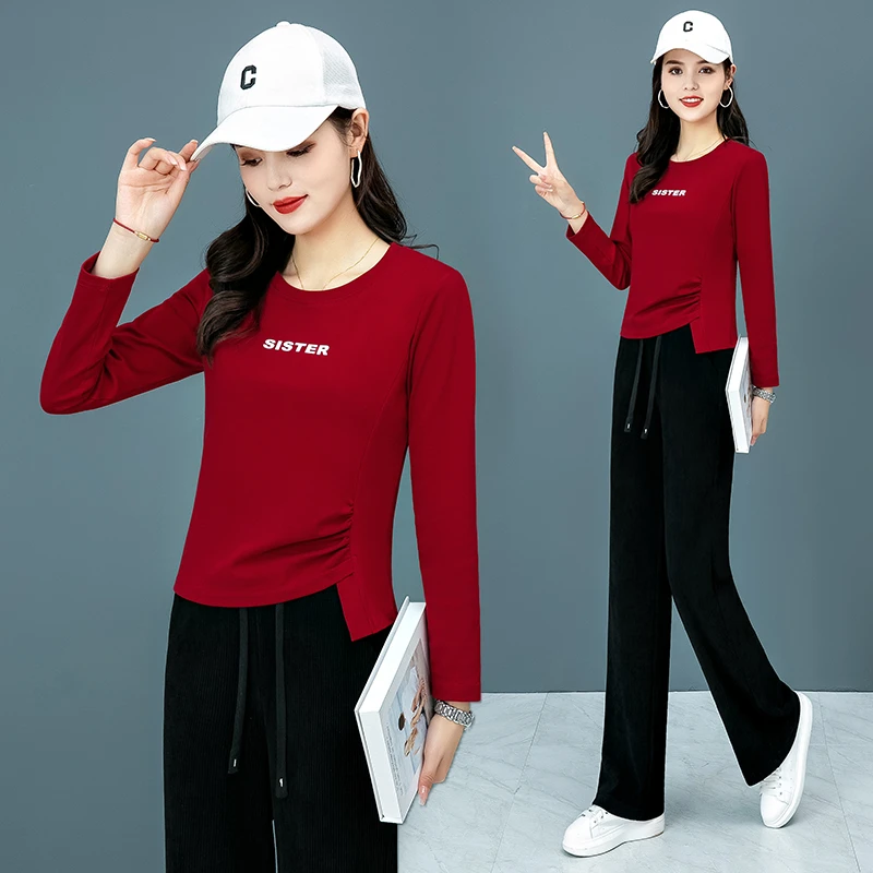 2024春秋女士时尚百搭圆领长袖体恤修身打底衫不规则短款上衣233
