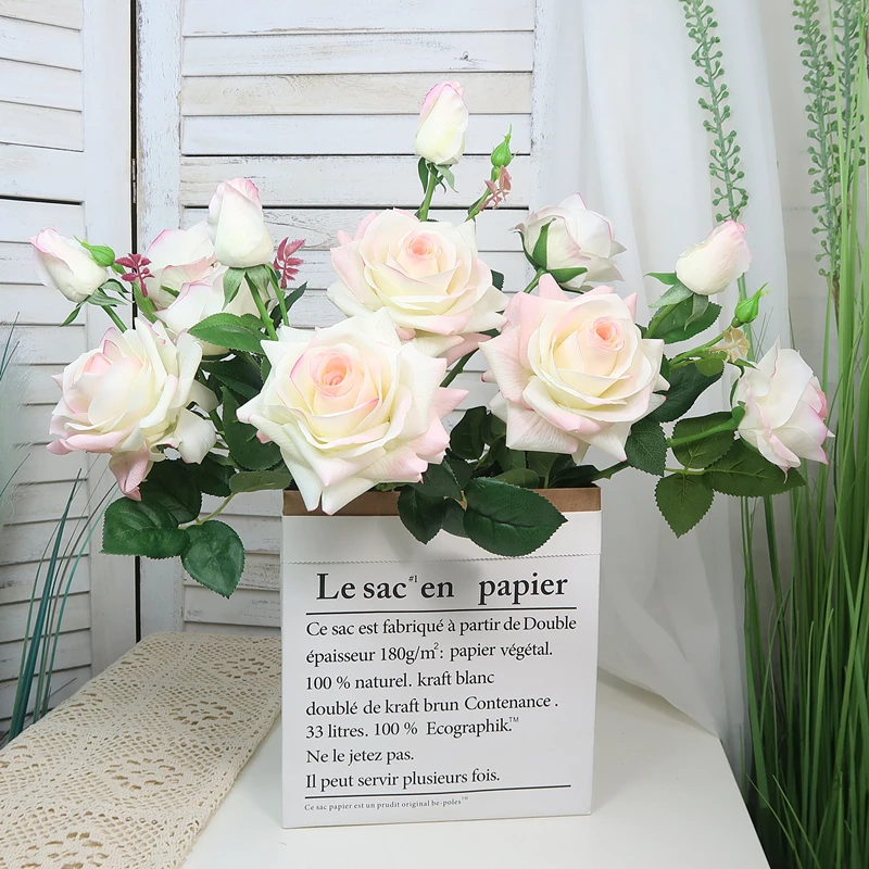 【买3送1】手感保湿玫瑰仿真绢花客厅餐桌插花摆件假花3头角玫