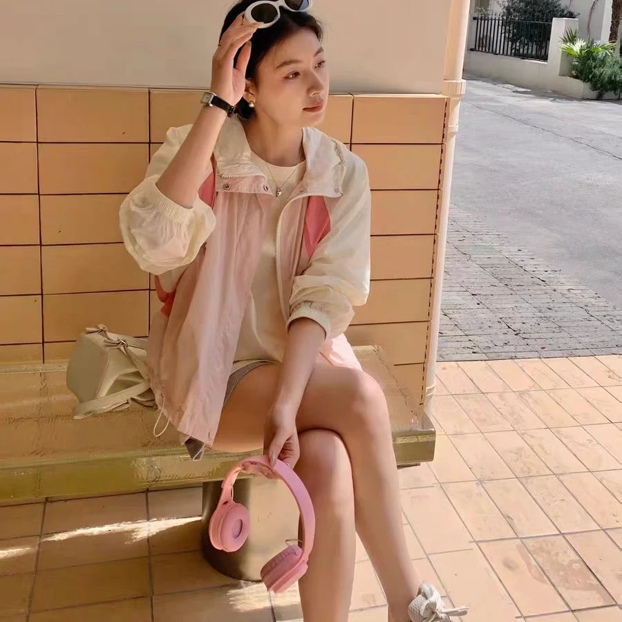 书玥家【8877韩尚防晒】欧货下摆抽绳插肩袖连帽拼色短外套女夏宽松