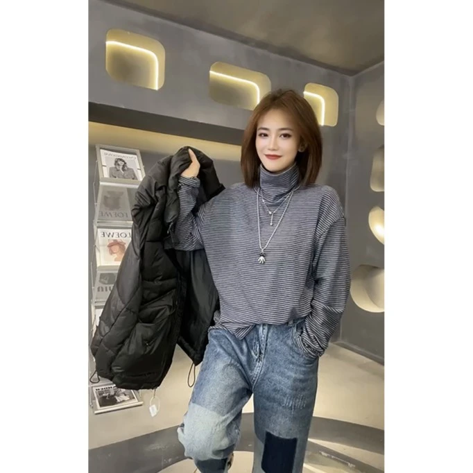 时尚条纹高领女ins韩版复古秋冬宽松百搭堆堆领打底上衣打底衫