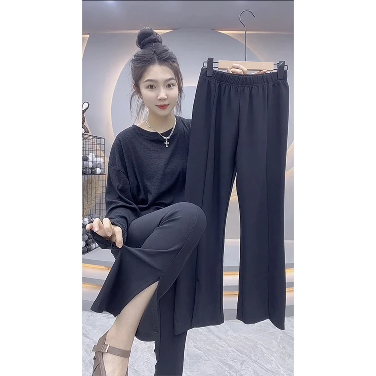 欧货2025秋季新款显瘦百搭松紧腰高弹开衩微喇叭裤下装女潮款