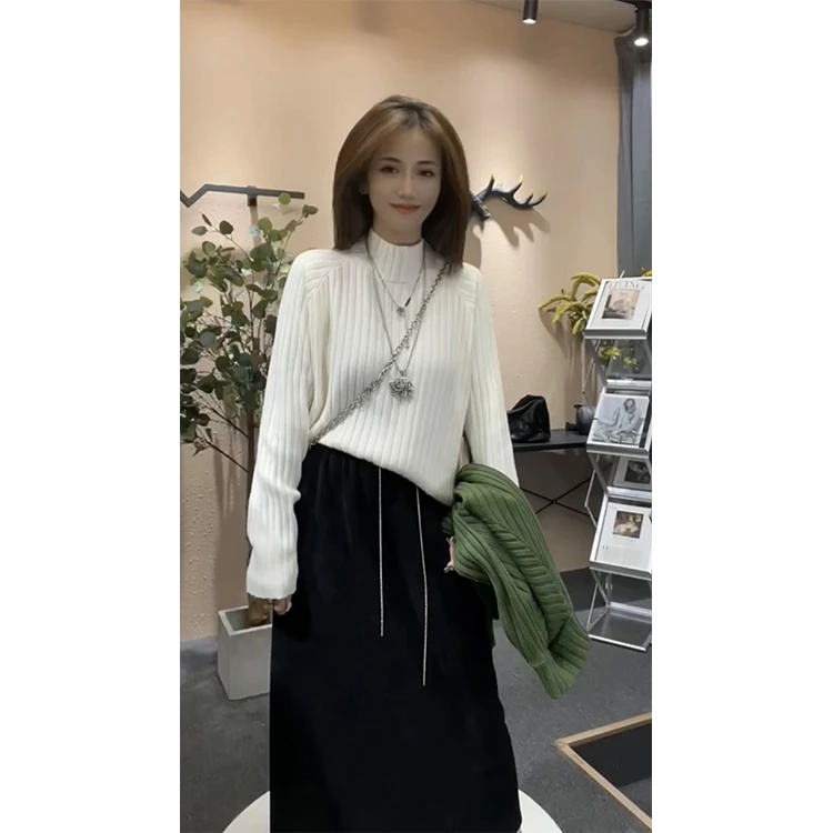 2024年新款女中长款宽松慵懒风秋冬半高领针织打底衫上衣