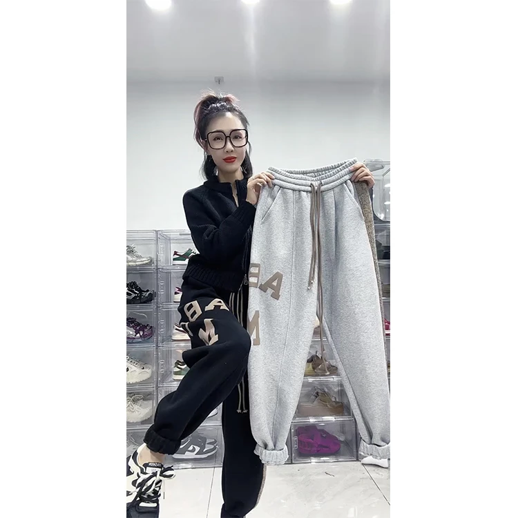 欧货秋冬新款重工字母印花抽绳松紧带运动裤束脚拼接潮流休闲裤